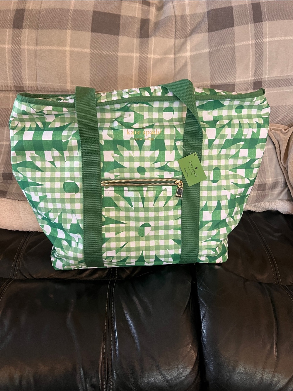 kate spade green and white gingham floral cooler tote